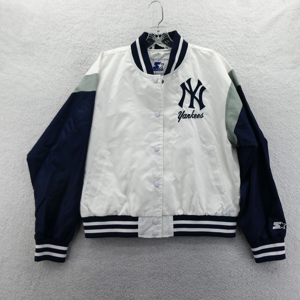 Starter Varsity Jacket Women Medium New York Yankees White Navy Blue Vintage Y2K